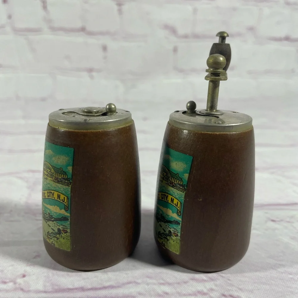Vintage Atlantic City, N.J. Wood Salt Shaker and Pepper Mill Grinder Pair